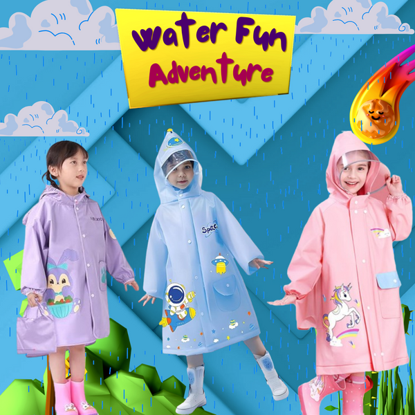 Capa Impermeable para niños 💦 WATER FUN ADVENTURE 🌧 (iMPERMEABLE CON VISERA)