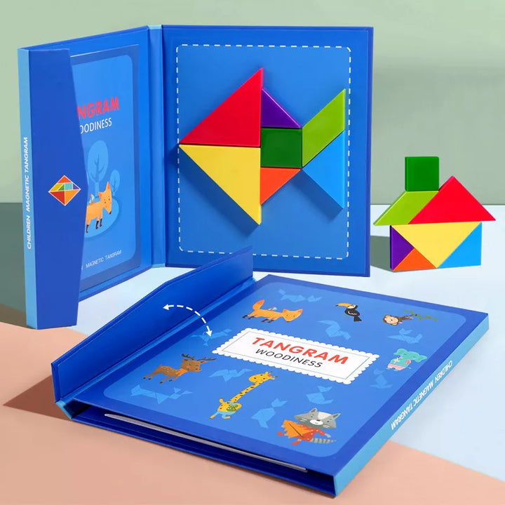 Kit Libro Tangram Magnético Montessori 📖 BRILLIANT MINDS 🧠 (+160 patrones para formar divertidas figuras.)