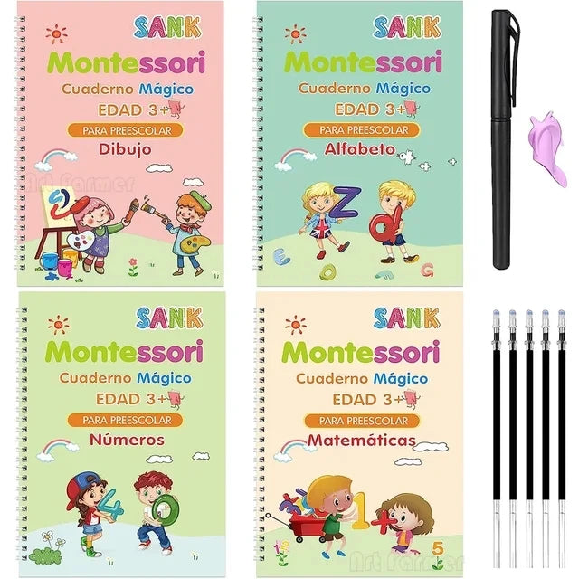 SET de caligrafía Montessori ✨ MAGIC WRITE PRO 🖊(4 libros reutilizables y Divertidos)