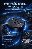 Convertidor inversor de energia para carro⚡️ POWER Max🔌 (Puertos USB + Tipo C + Enchufe AC 110V)