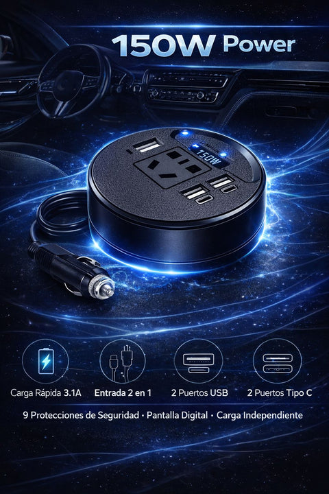 Convertidor inversor de energia para carro⚡️ POWER Max🔌 (Puertos USB + Tipo C + Enchufe AC 110V)