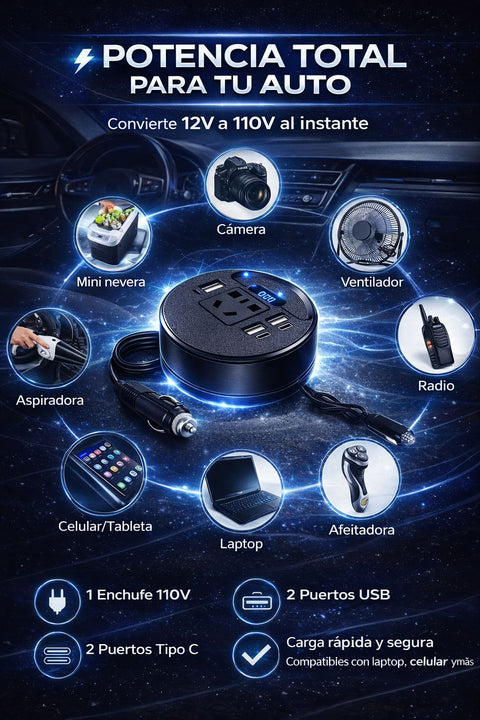 Convertidor inversor de energia para carro⚡️ POWER Max🔌 (Puertos USB + Tipo C + Enchufe AC 110V)