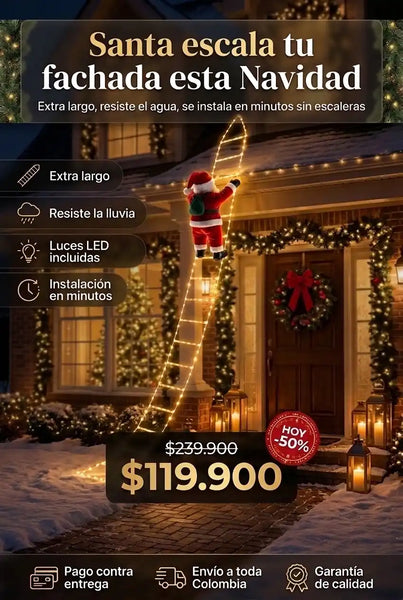 Kit Escalera + Luces LED + Papá Noel Escalador Extra Largo (resiste el agua)