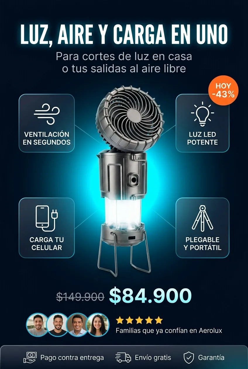 Aerolux 3EN1 ventilador, luz LED y power bank encendido, fondo azul con resplandor celeste