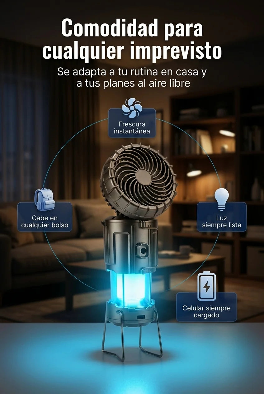 Beneficios del Aerolux 3EN1: frescura, luz, carga de celular y portabilidad