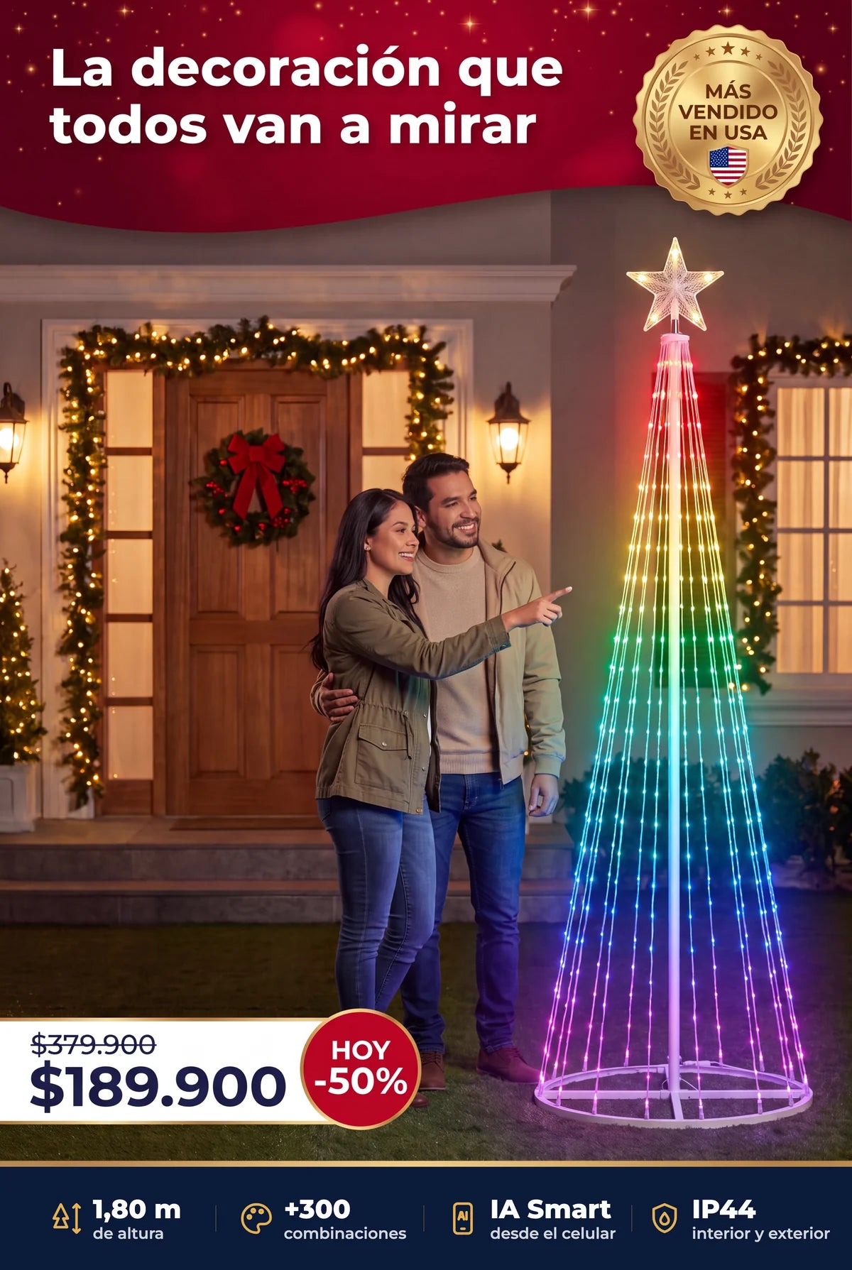 Árbol de luces inteligente SMART XXL de 1,80 m en la fachada