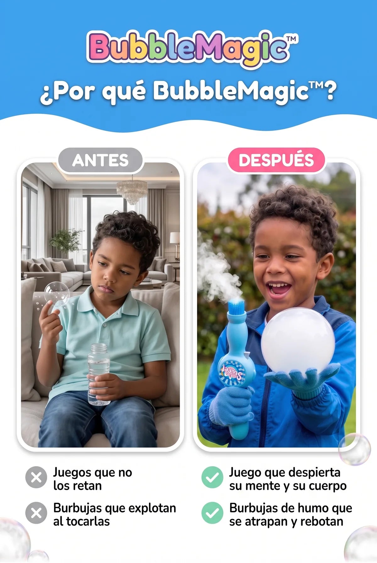 Antes y después: burbujas comunes que explotan vs burbujas de humo BubbleMagic™ que se atrapan