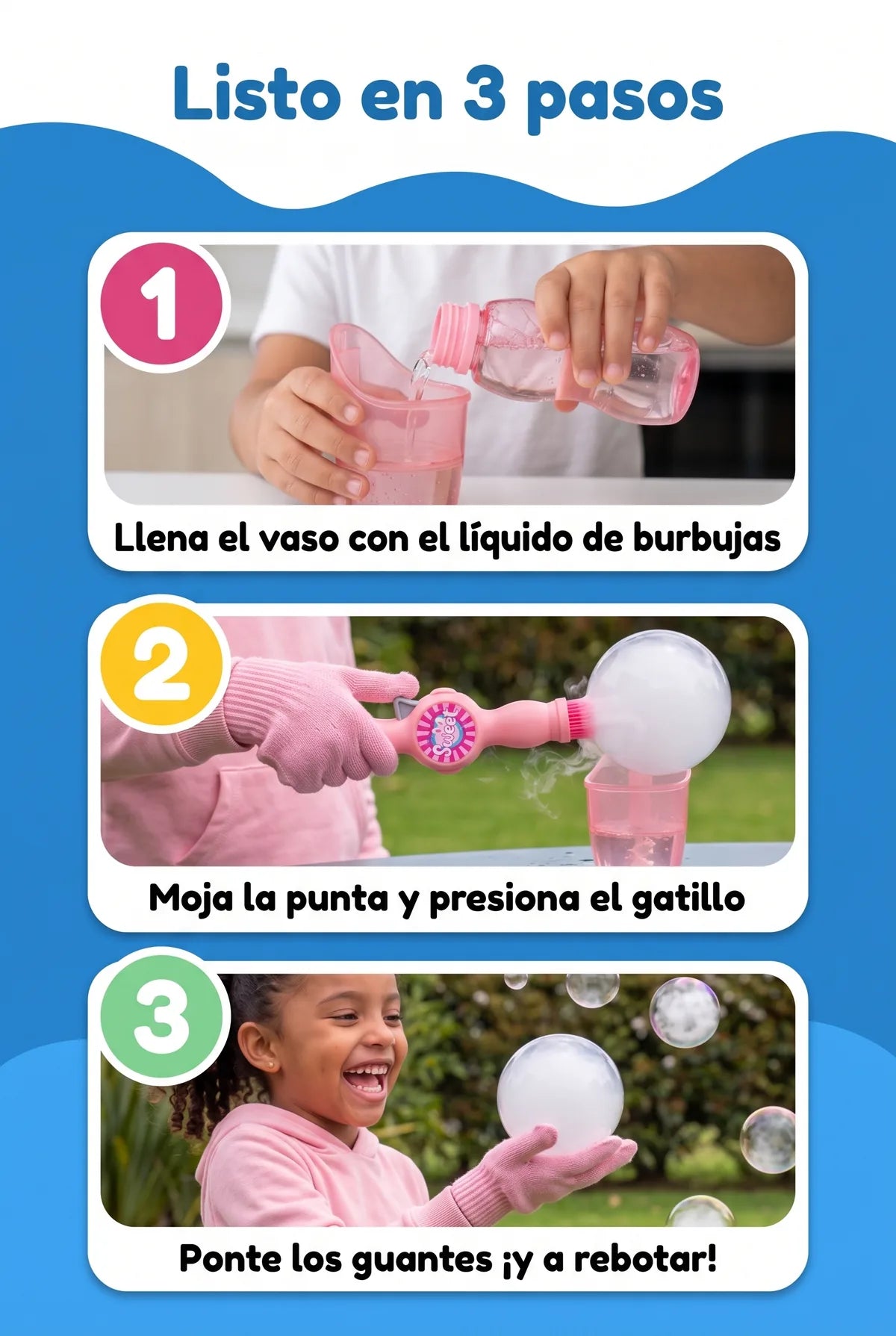 Listo en 3 pasos: llena el vaso, moja la punta y presiona el gatillo, ponte los guantes