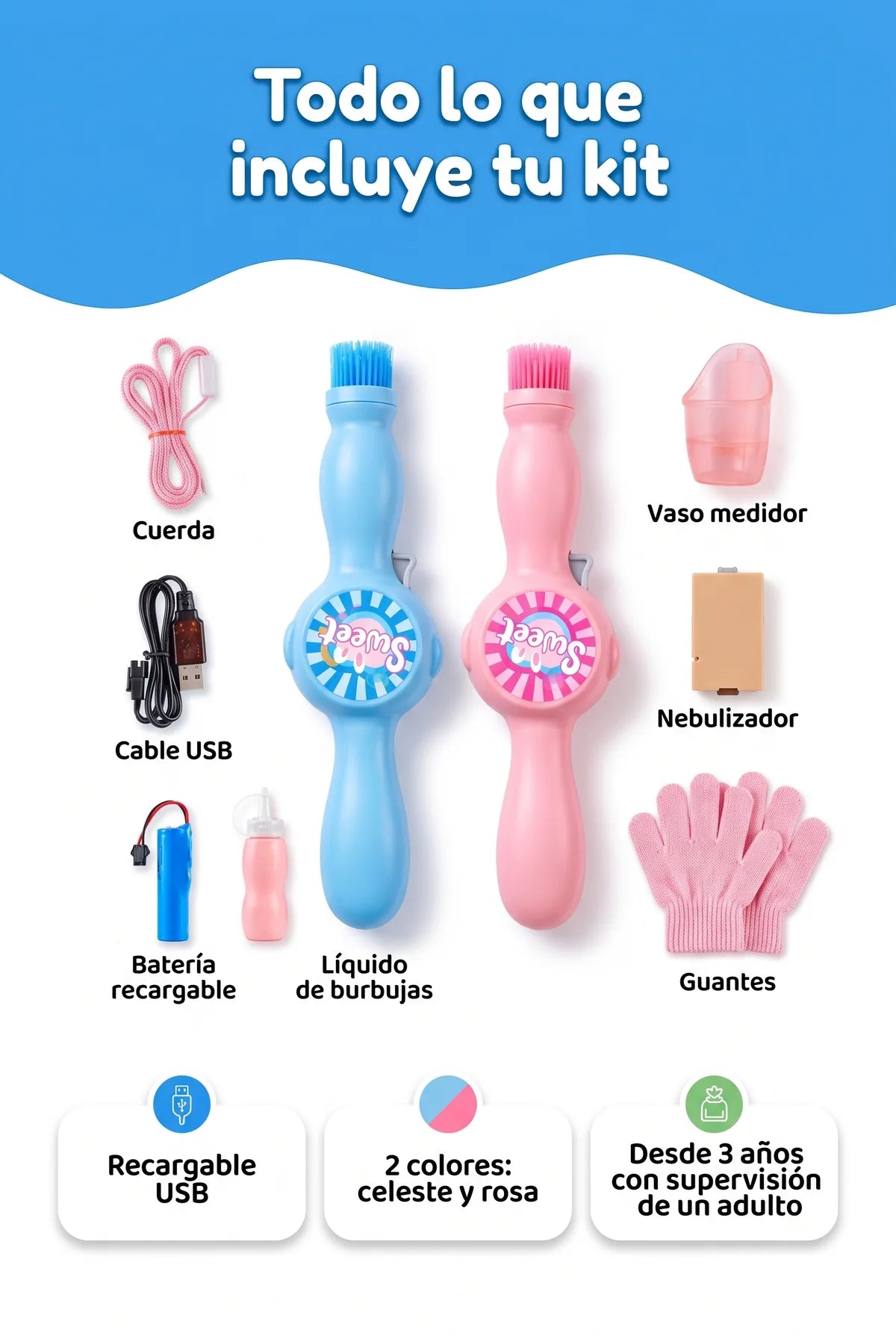 Todo lo que incluye el kit BubbleMagic™: varitas celeste y rosa, batería, cable USB, líquido, vaso, nebulizador y guantes