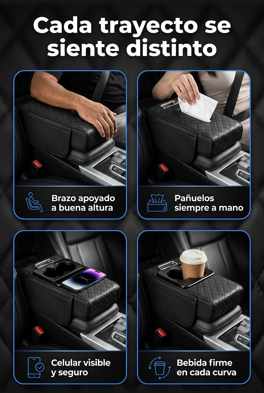 Beneficios: brazo apoyado, pañuelos a mano, celular visible, bebida firme