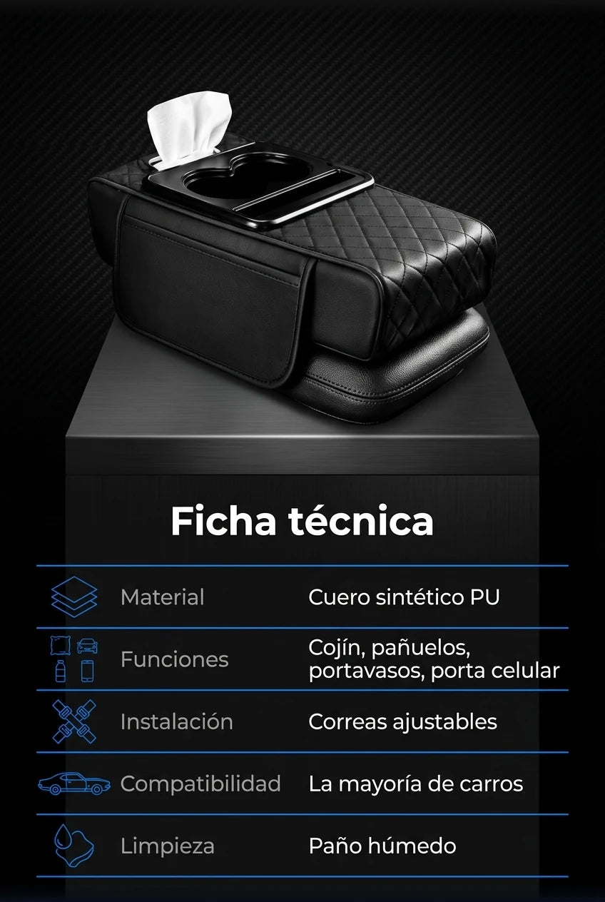 Ficha técnica: cuero sintético PU, 4 funciones, correas ajustables, compatible con la mayoría de carros