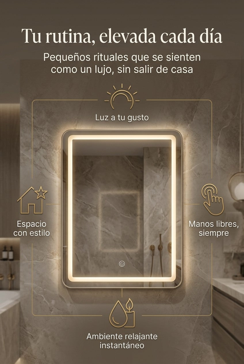 Beneficios del Espejo Inteligente LUXURY LED: luz ajustable, control táctil, ambiente relajante