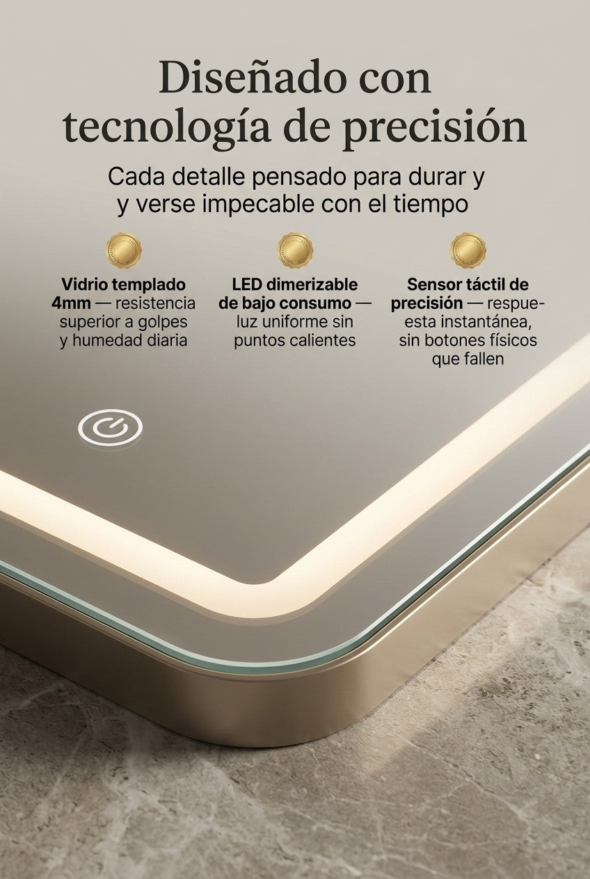 Detalle técnico del Espejo Inteligente LUXURY LED, vidrio 4mm y sensor táctil de precisión