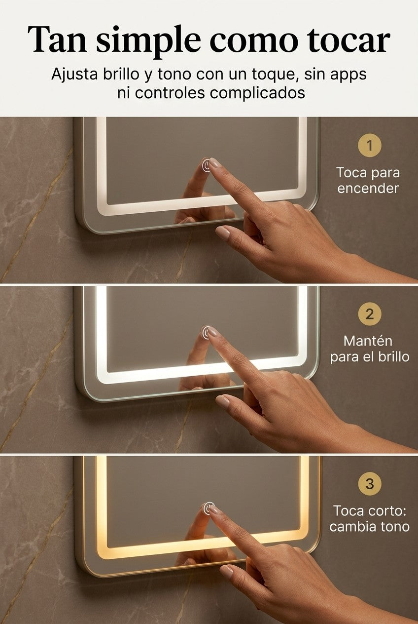 Cómo usar el Espejo Inteligente LUXURY LED con control táctil en 3 pasos