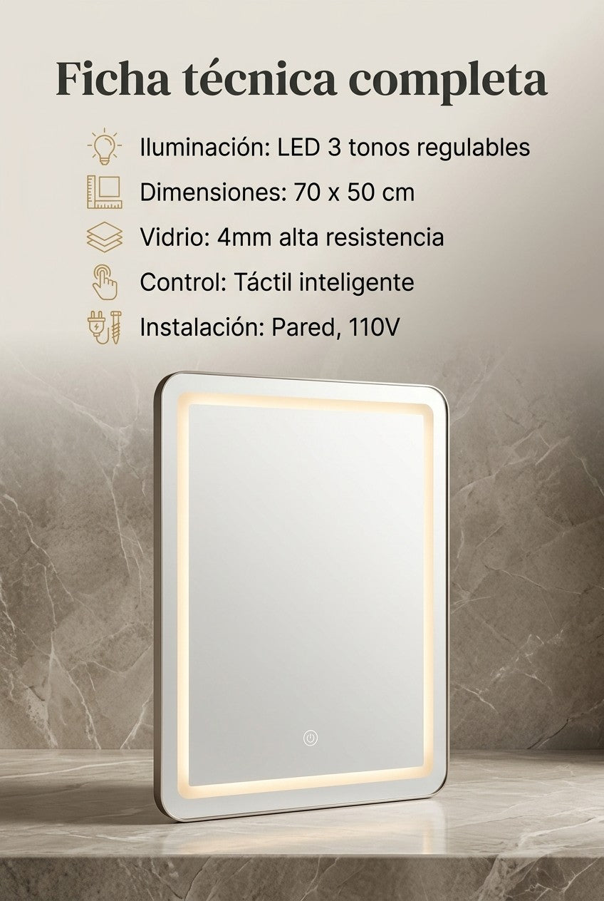 Ficha técnica del Espejo Inteligente LUXURY LED: dimensiones, iluminación y control