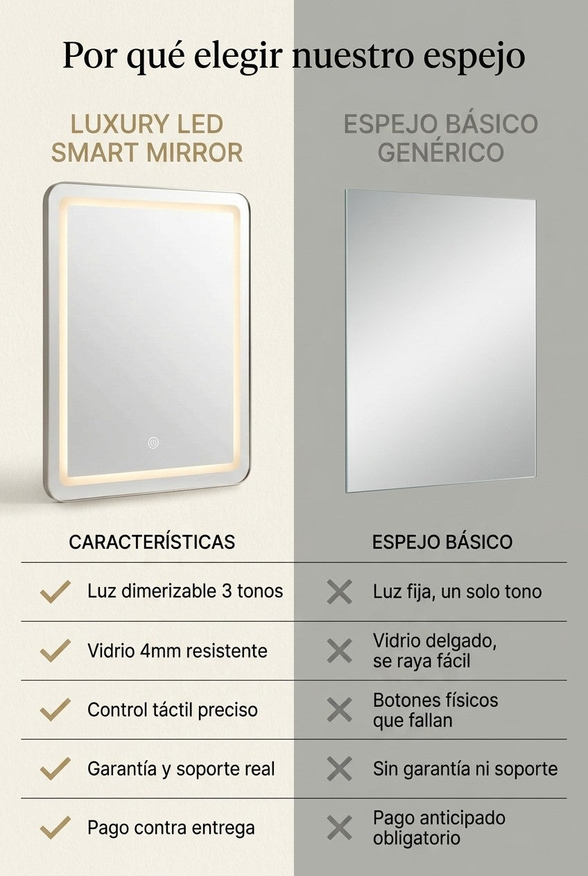 Comparativa entre el Espejo Inteligente LUXURY LED y un espejo genérico sin luz