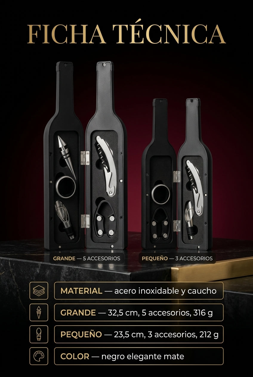Ficha técnica — material, medidas, peso y color del estuche de vino