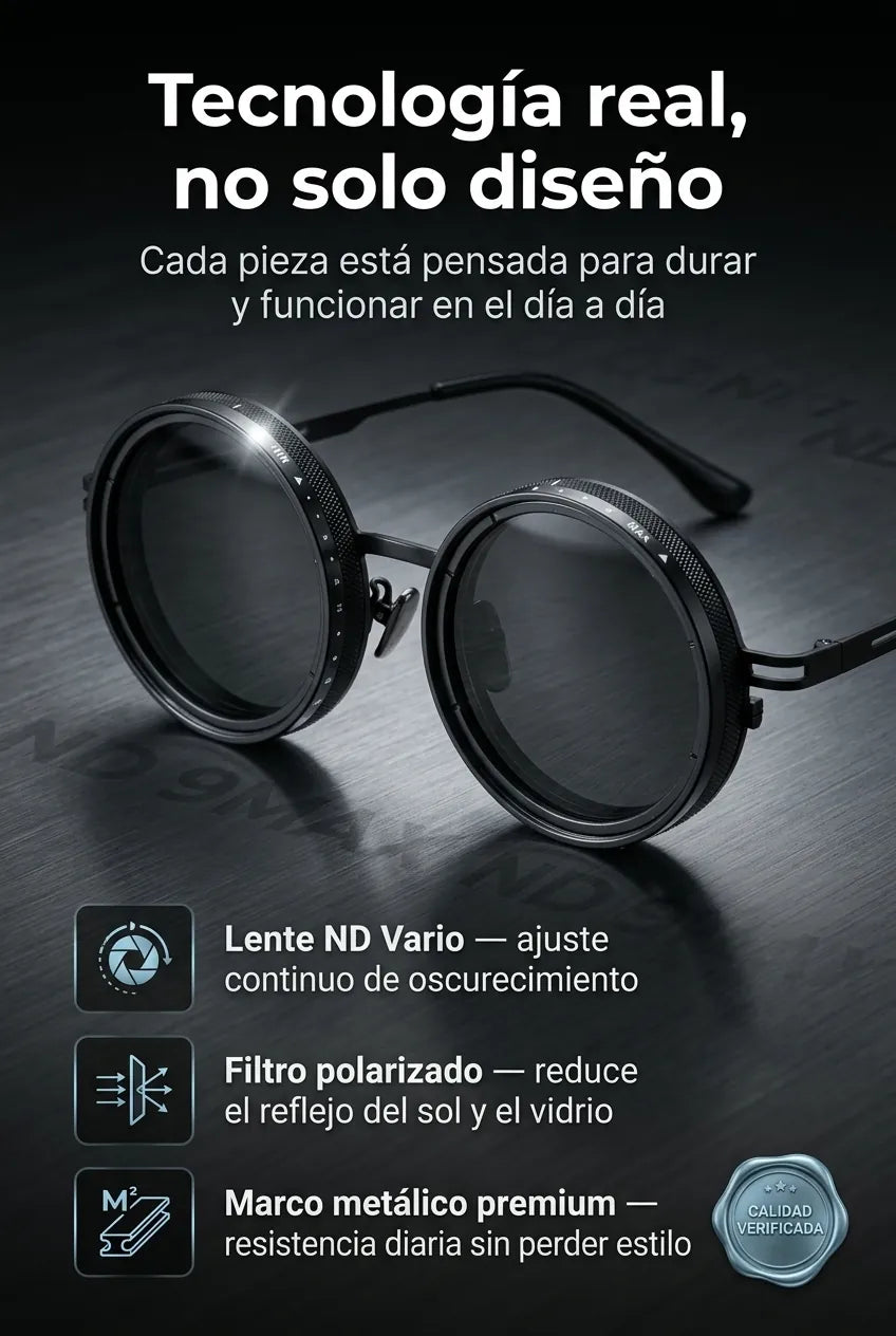Tecnología de las Gafas ND 9Max: lente ND Vario, filtro polarizado, marco metálico premium