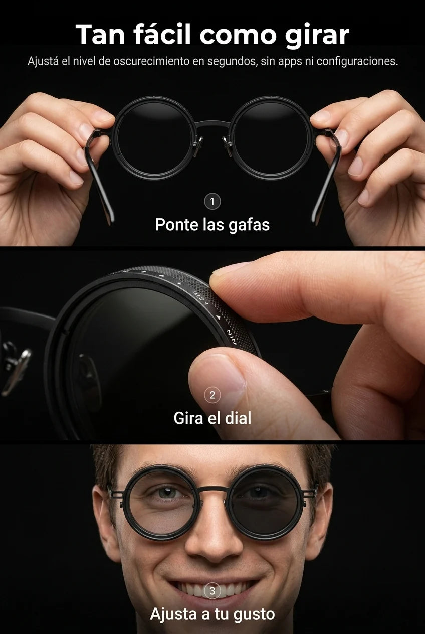 Cómo usar las Gafas ND 9Max en 3 pasos: ponte las gafas, gira el dial, ajusta a tu gusto