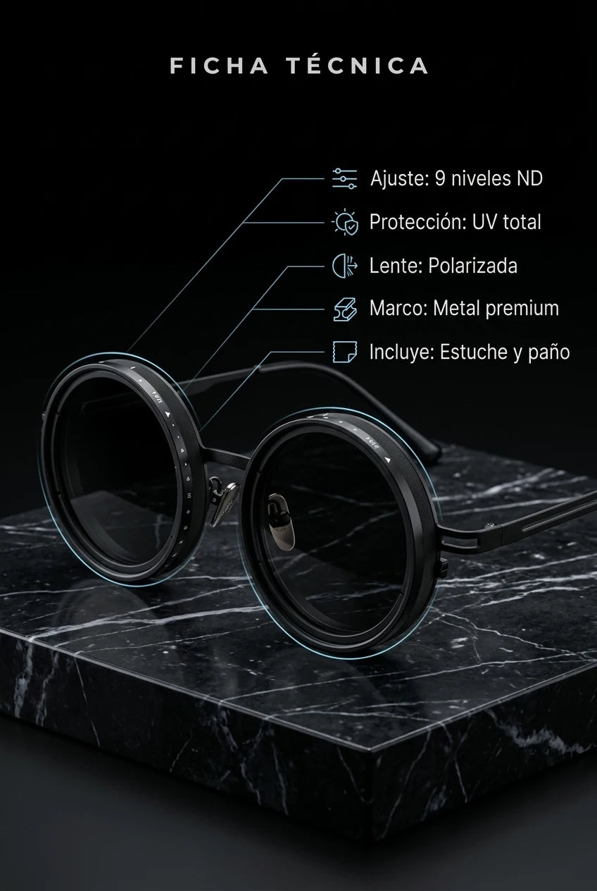 Ficha técnica Gafas ND 9Max: 9 niveles ND, protección UV, lente polarizada, marco metal premium