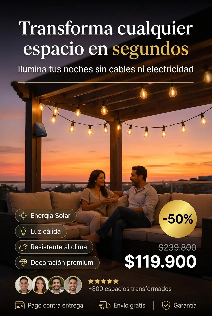 Guirnalda solar LED 10m transformando una terraza al atardecer, hoy con 50% de descuento
