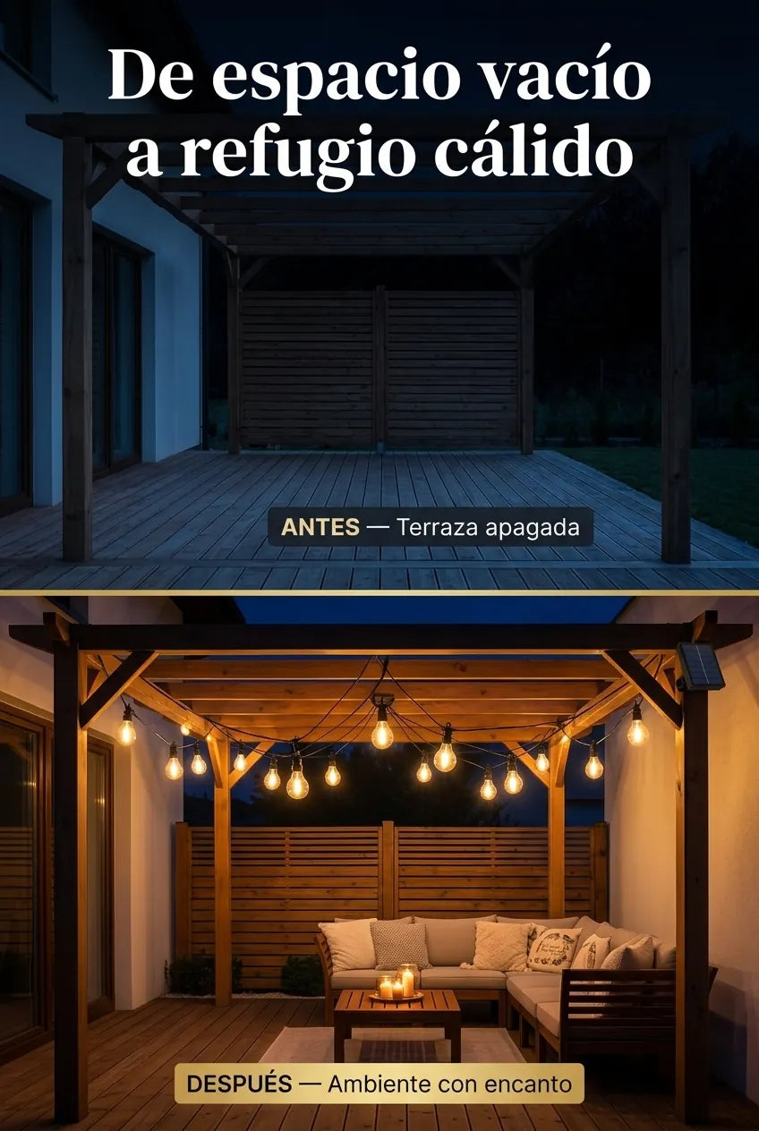 Antes terraza apagada de noche, después ambiente cálido con la guirnalda encendida