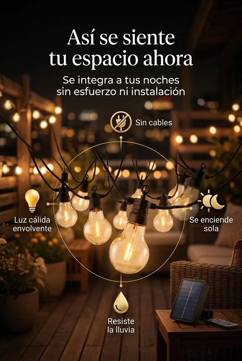 Sin cables, se enciende sola, resiste la lluvia y da una luz cálida envolvente