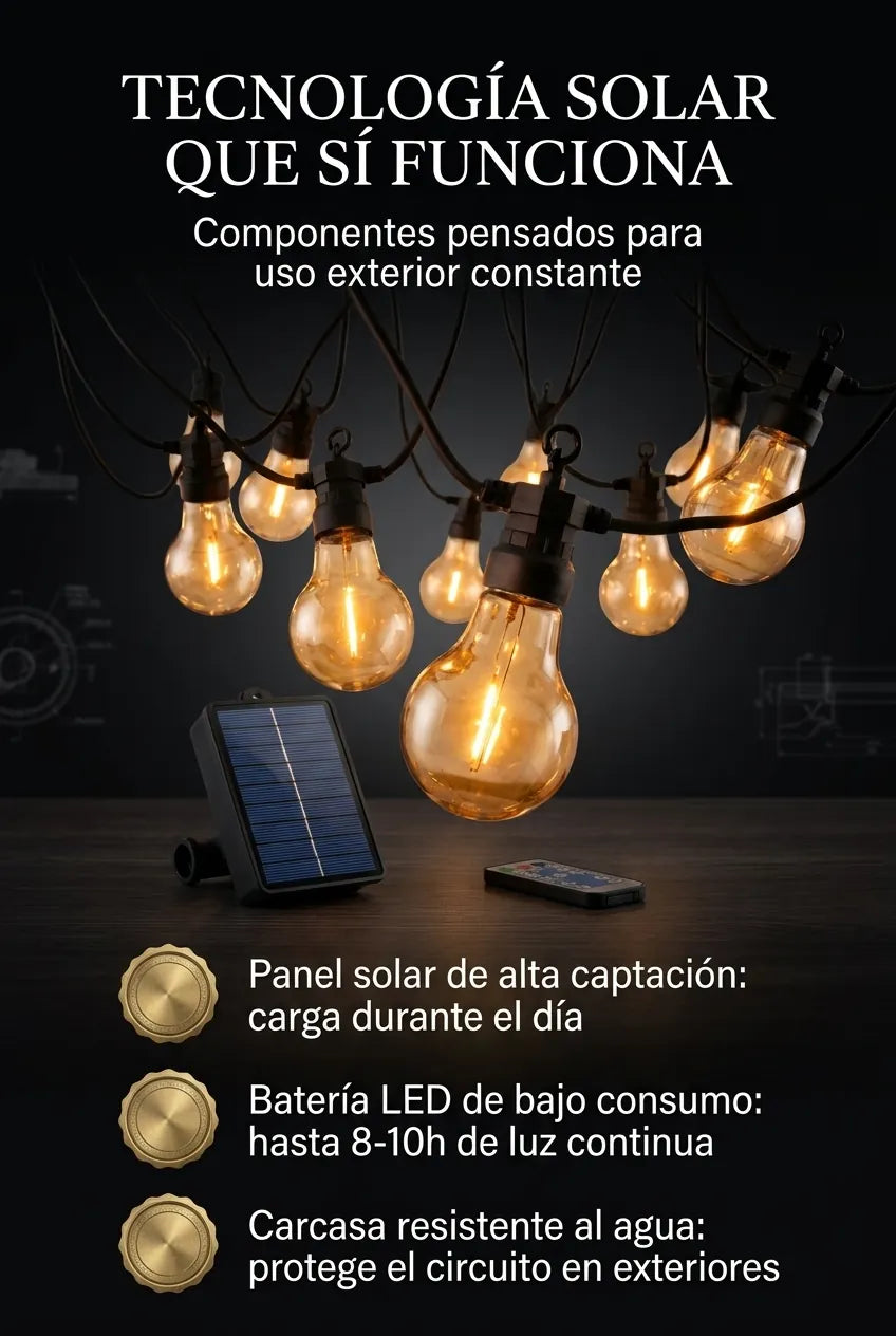 Panel solar de alta captación, batería de bajo consumo y carcasa resistente al agua