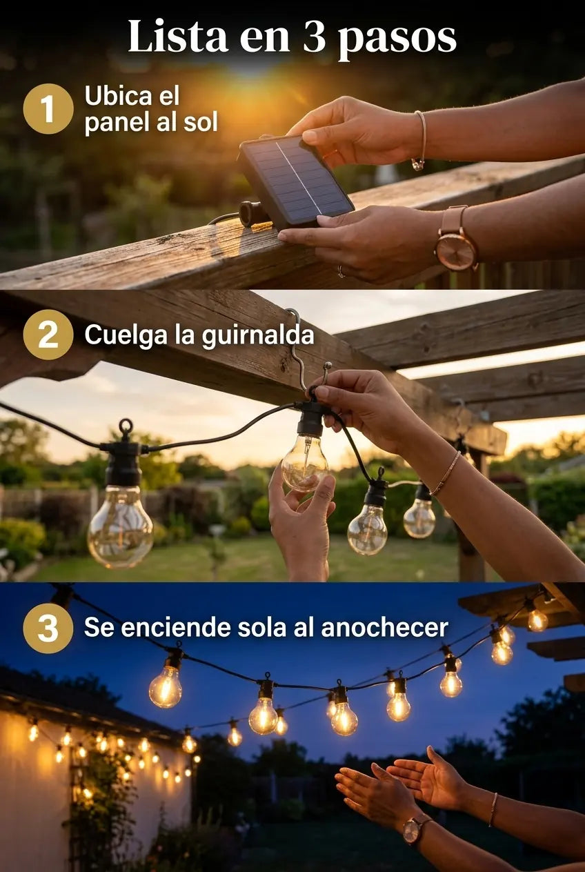 Ubica el panel al sol, cuelga la guirnalda y se enciende sola al anochecer