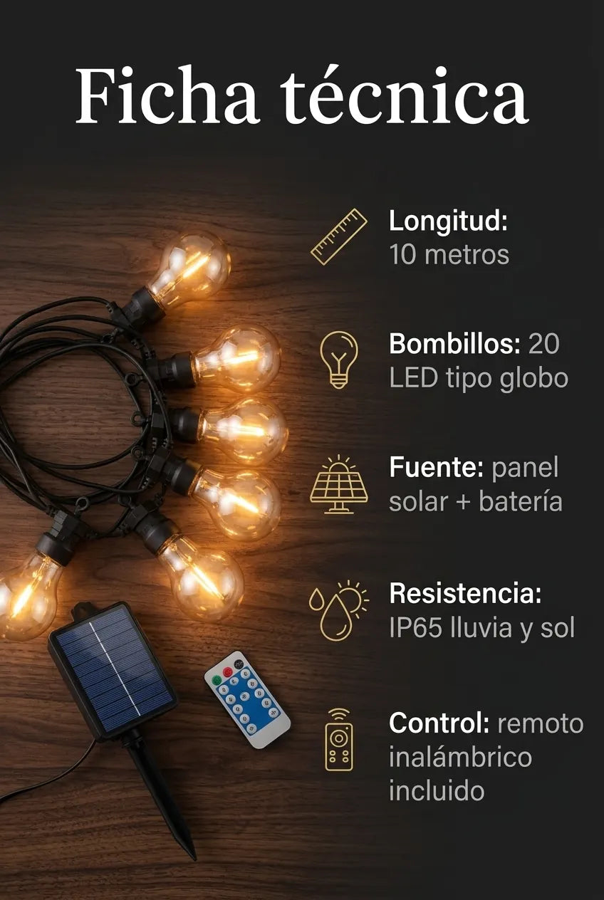 Ficha técnica: 10 metros, 20 bombillos LED, panel solar, control remoto, resistencia IP65