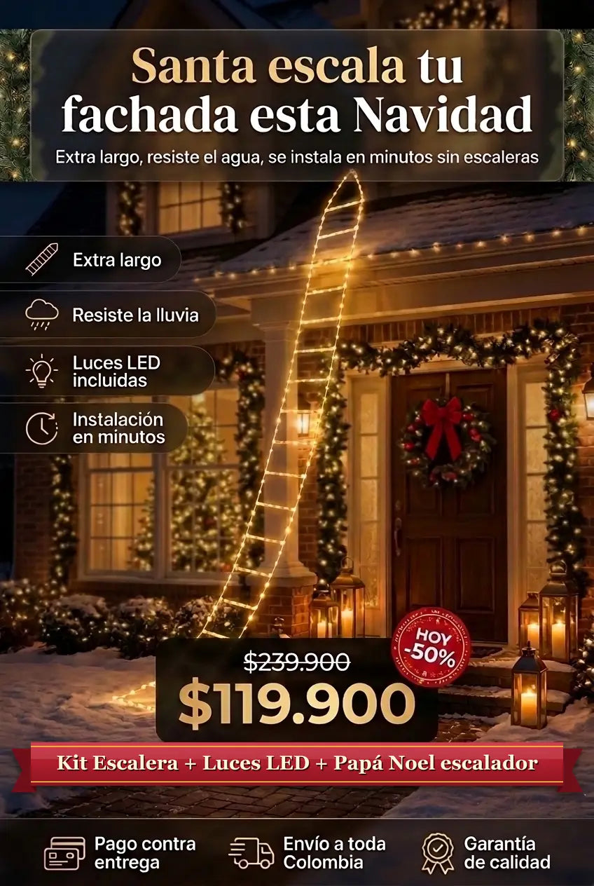 Kit escalera con luces LED y Papá Noel escalador extra largo