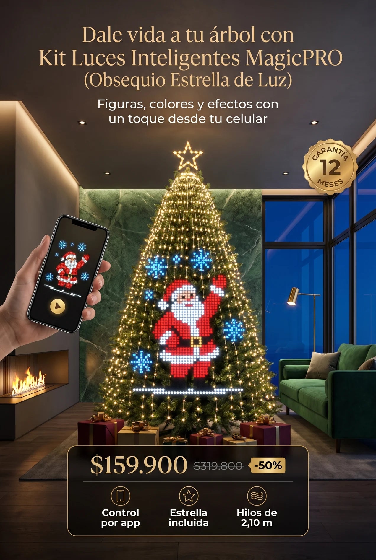 Kit de luces LED inteligente en cascada en un árbol de Navidad con figura de Papá Noel, $159.900