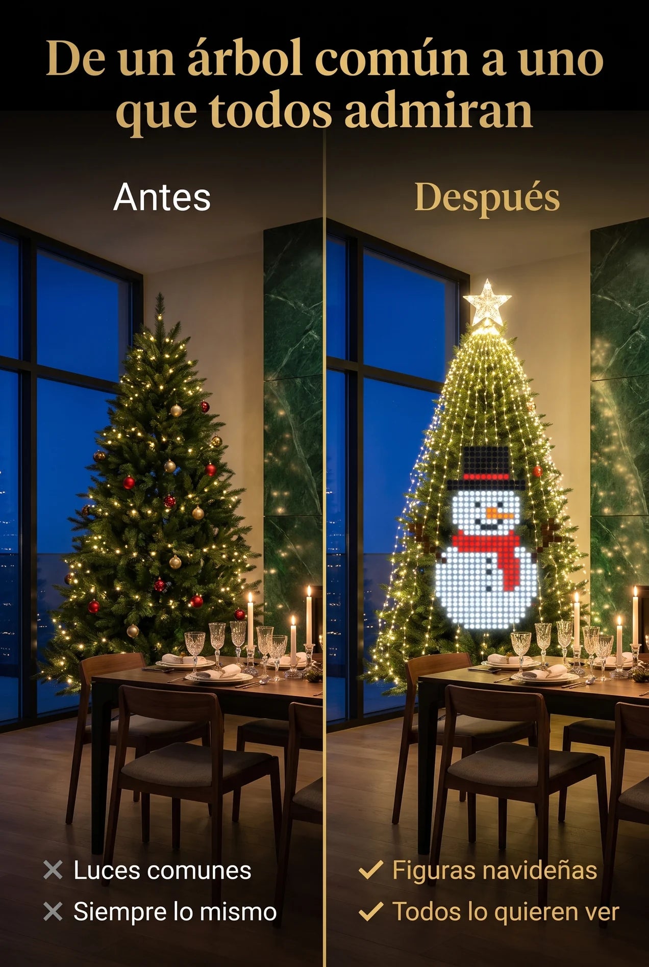 Árbol con luces comunes antes y árbol con figura de muñeco de nieve después