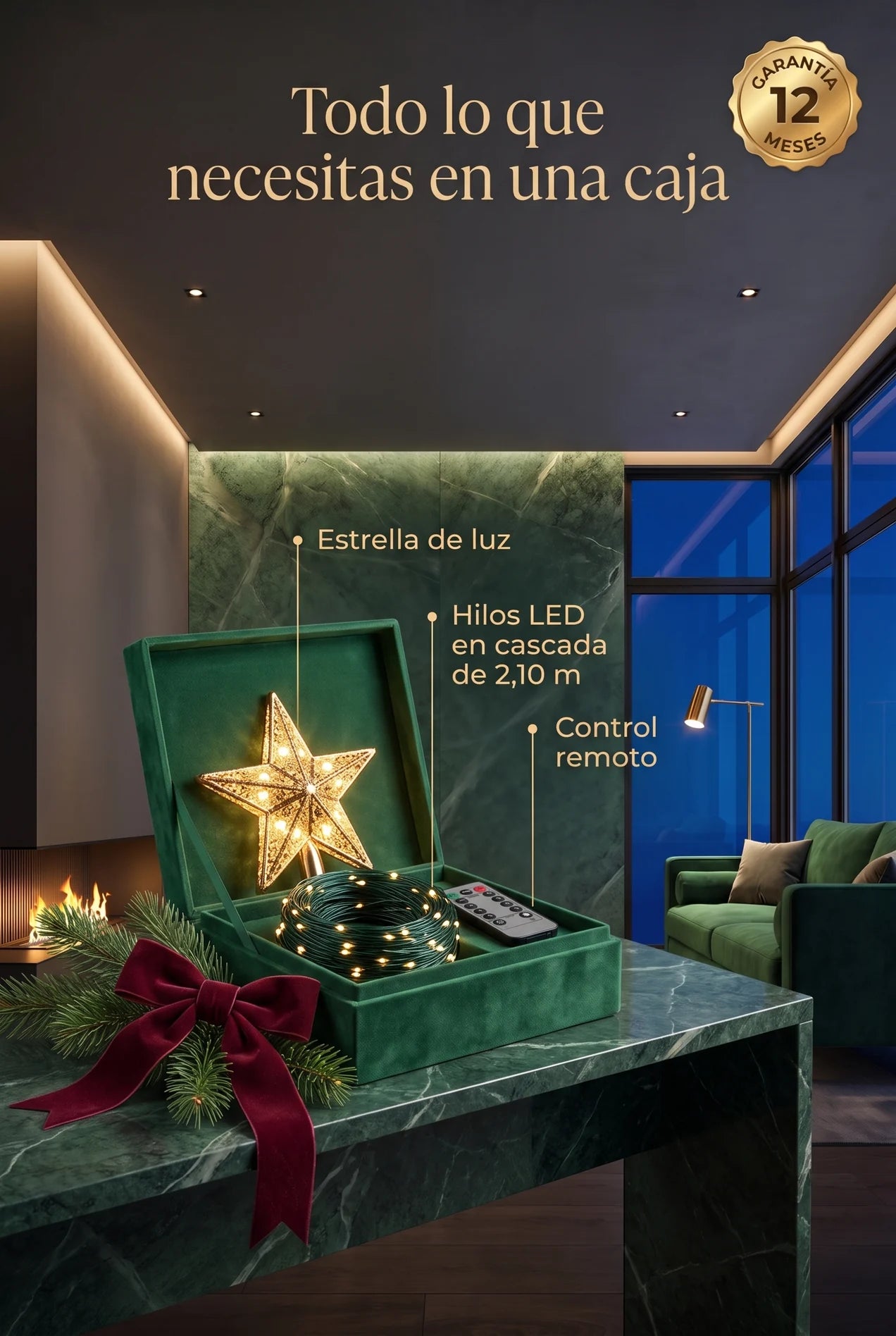 Incluye estrella de luz, hilos LED en cascada de 2,10 m y control remoto, garantía 12 meses