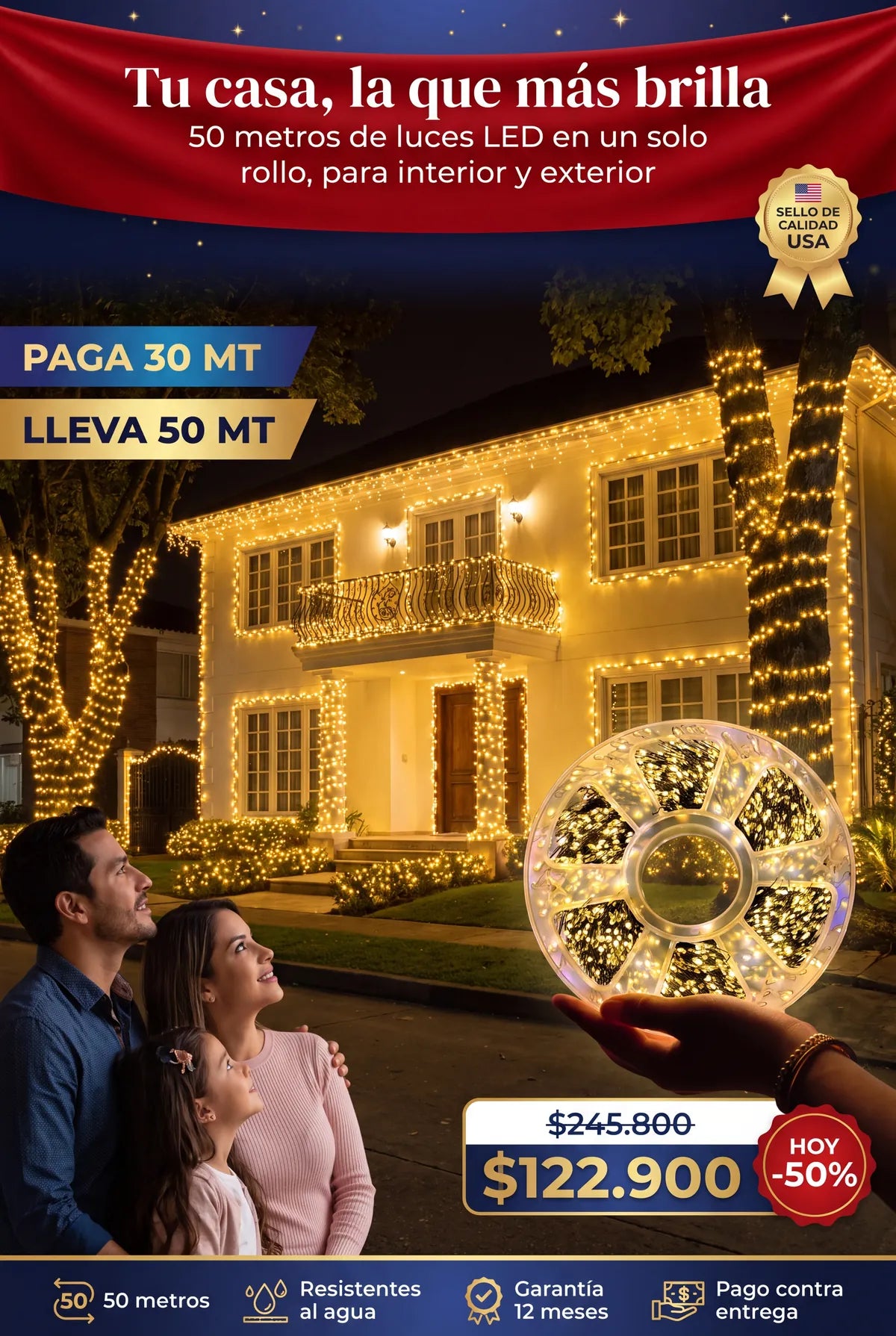 Rollo de luces LED Magic Luxury Max de 50 metros iluminando una fachada