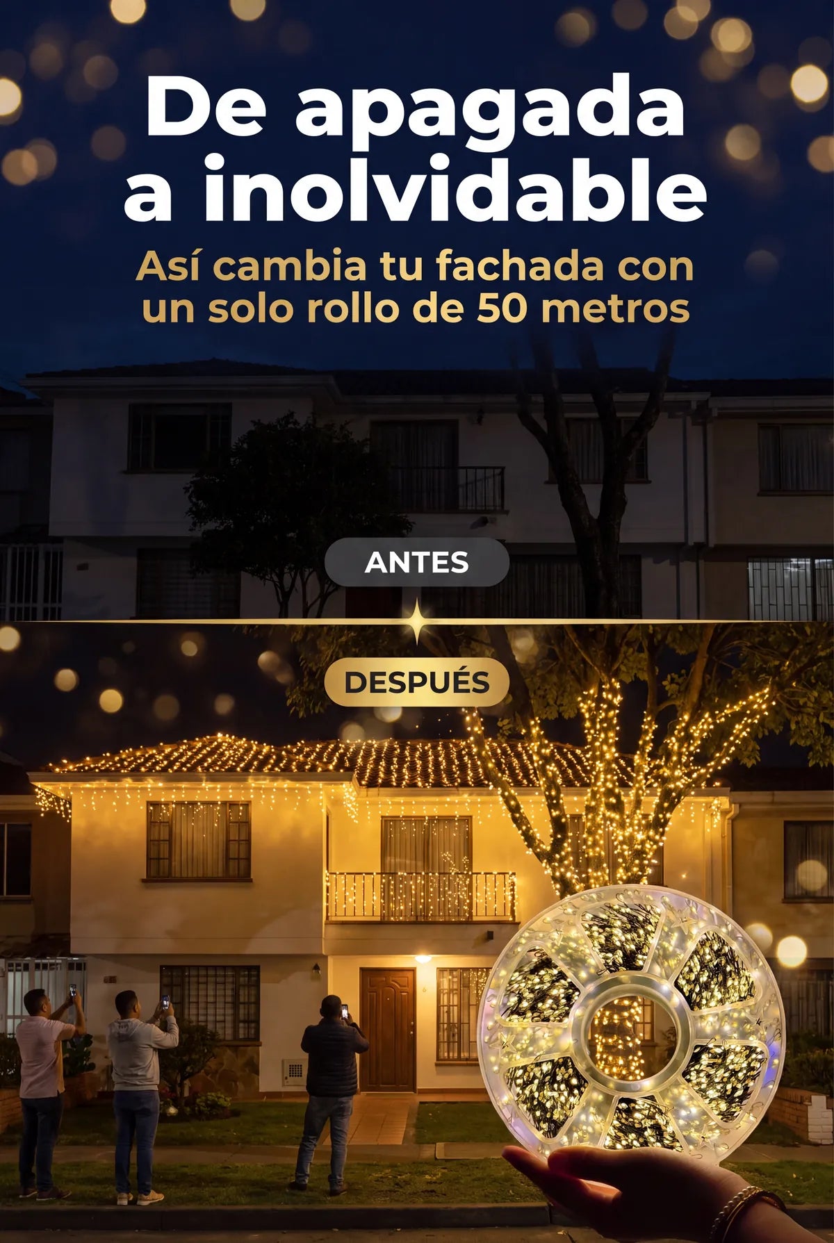 Antes y después de una fachada decorada con las luces Magic Luxury Max