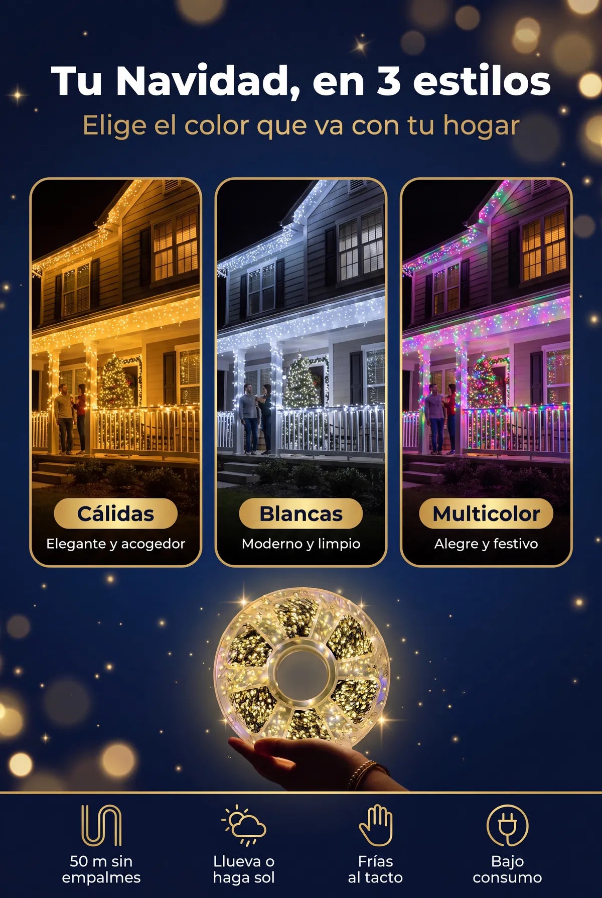 Luces Magic Luxury Max en 3 estilos: cálidas, blancas y multicolor