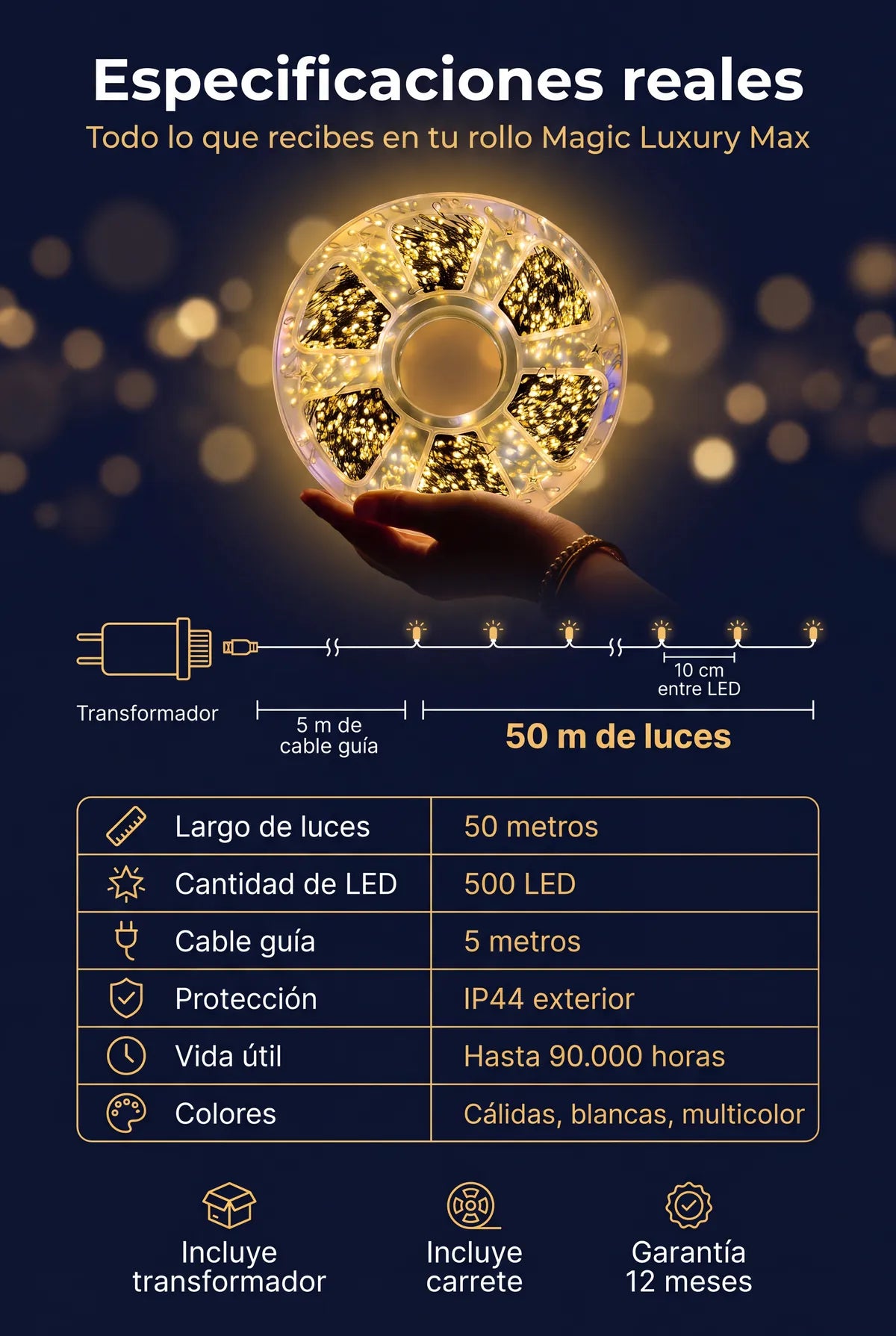 Especificaciones: 50 m de luces, 500 LED, cable guía de 5 m, IP44