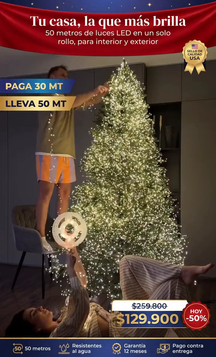 Árbol de Navidad decorado con el rollo de luces LED Magic Luxury Max de 50 metros