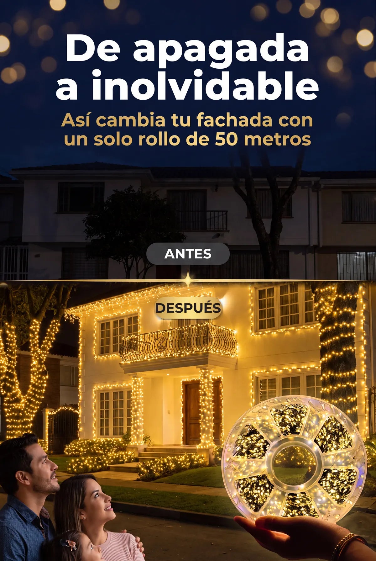 Antes y después: fachada apagada y casa iluminada con las luces Magic Luxury Max