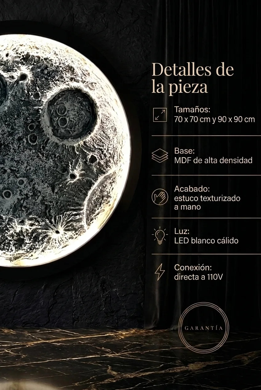 Detalles de la pieza: 70 x 70 cm y 90 x 90 cm, MDF, estuco a mano, LED blanco cálido, 110V, garantía