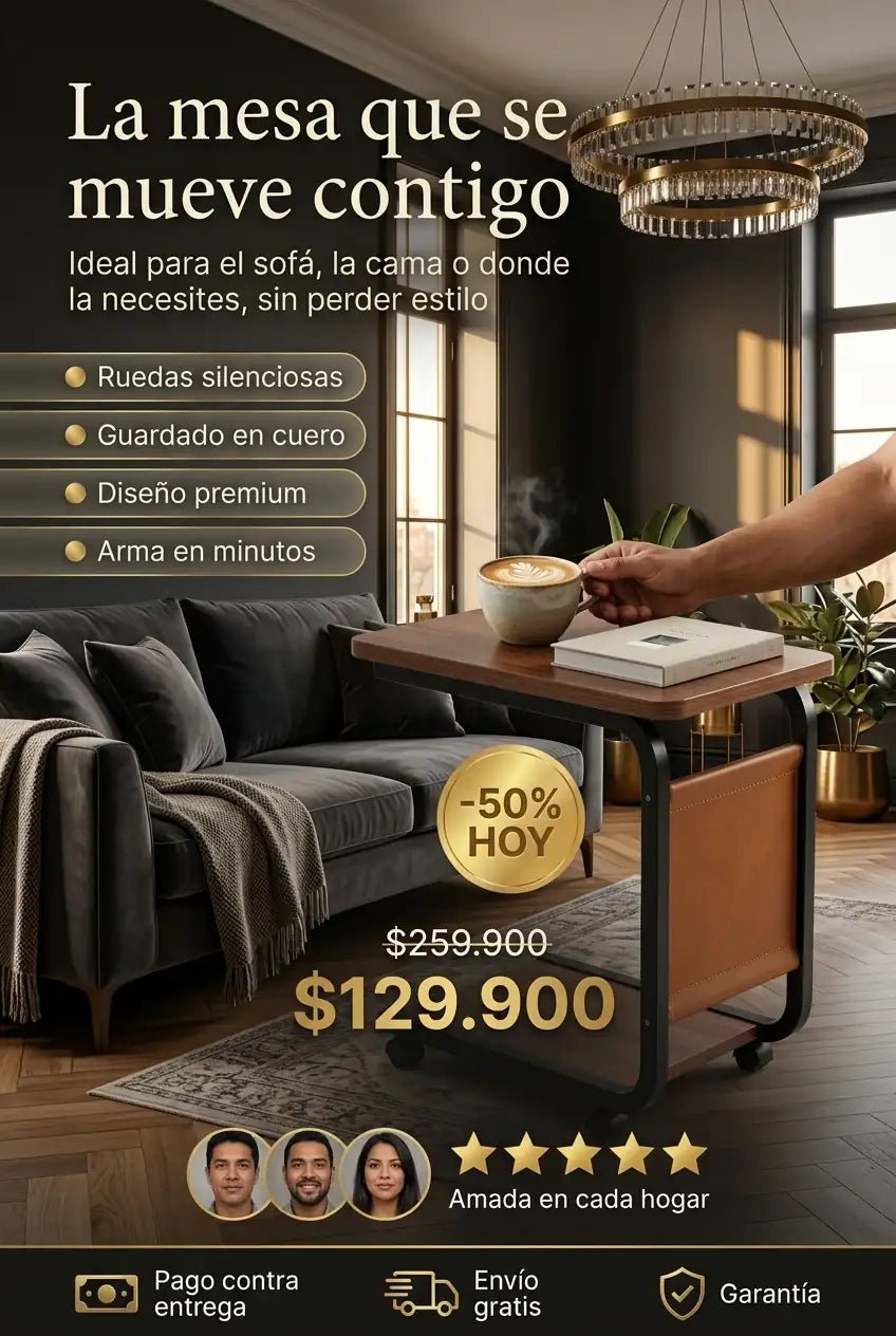Mesa Auxiliar con Ruedas Luxury Multi junto a sofá, oferta 50% off