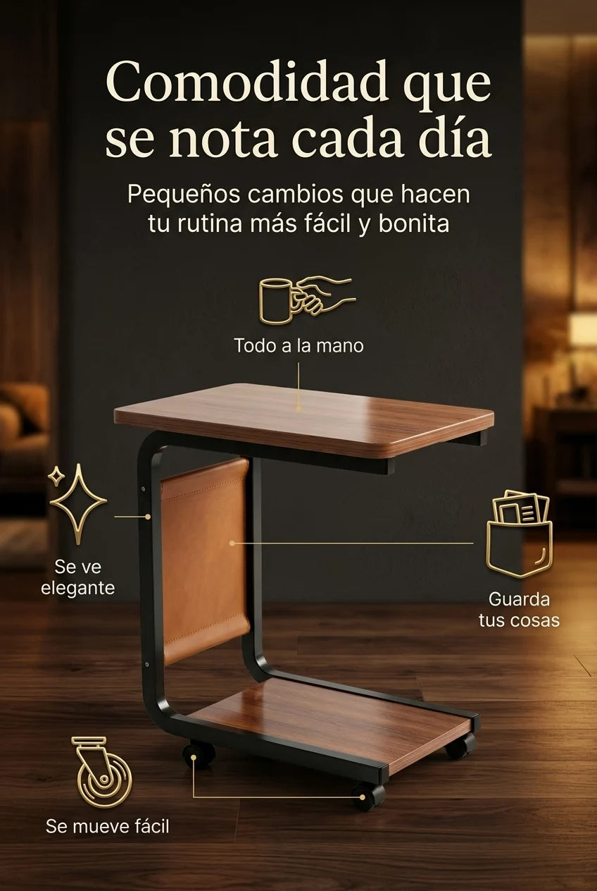 Beneficios de la Mesa Auxiliar con Ruedas Luxury: todo a la mano, se mueve fácil, guarda tus cosas, se ve elegante