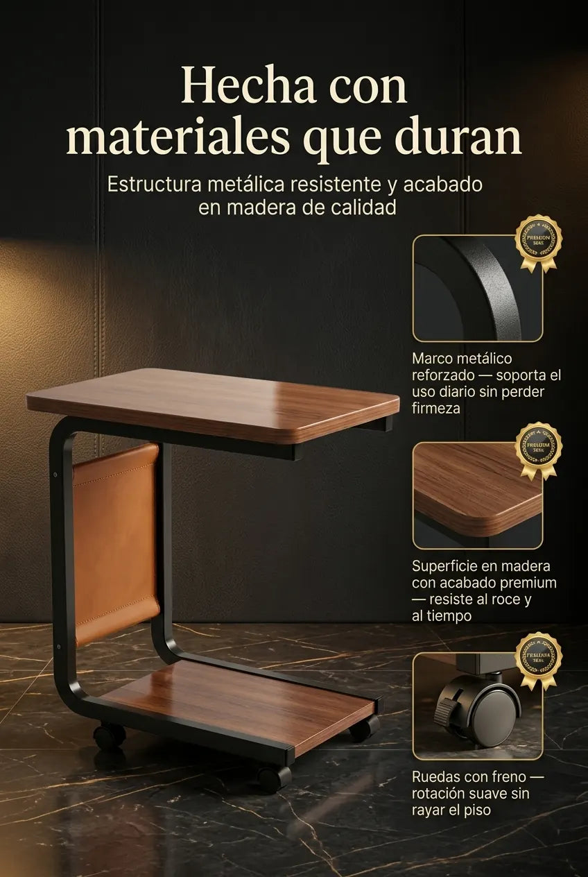 Materiales de la Mesa Auxiliar Luxury: marco metálico reforzado, madera premium, ruedas con freno