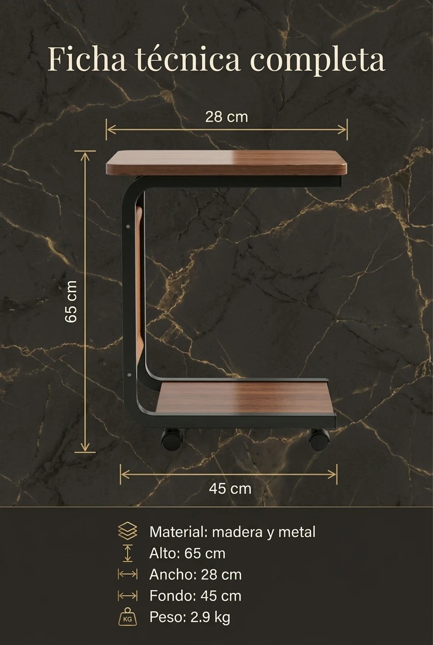 Ficha técnica de la Mesa Auxiliar Luxury: madera y metal, 65x28x45 cm, 2.9 kg