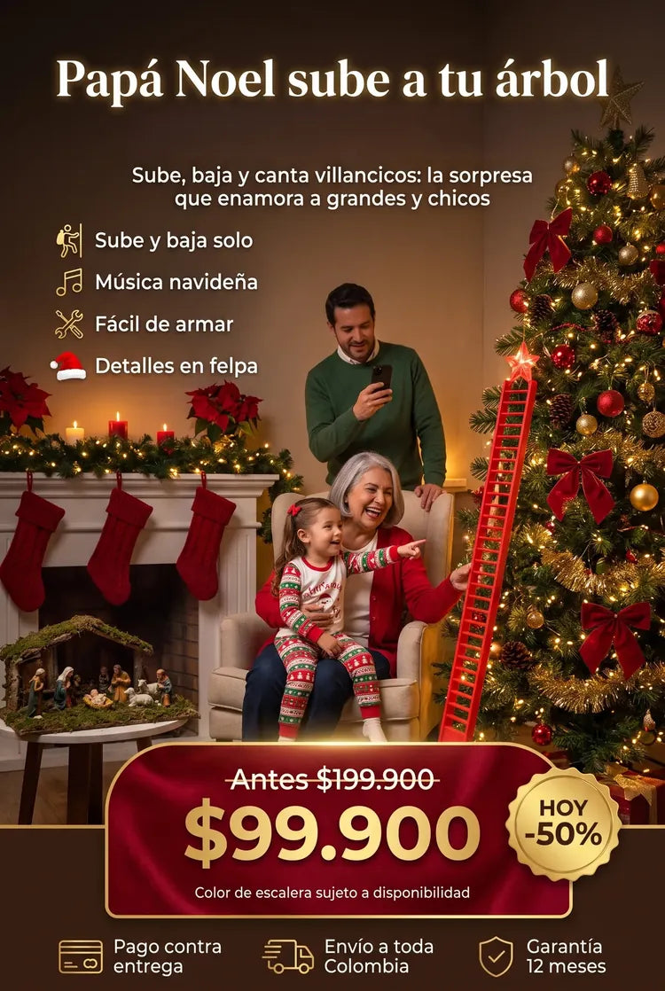 Familia viendo al Papá Noel Escalador Musical FantasyPro subir por el árbol, $99.900 antes $199.900