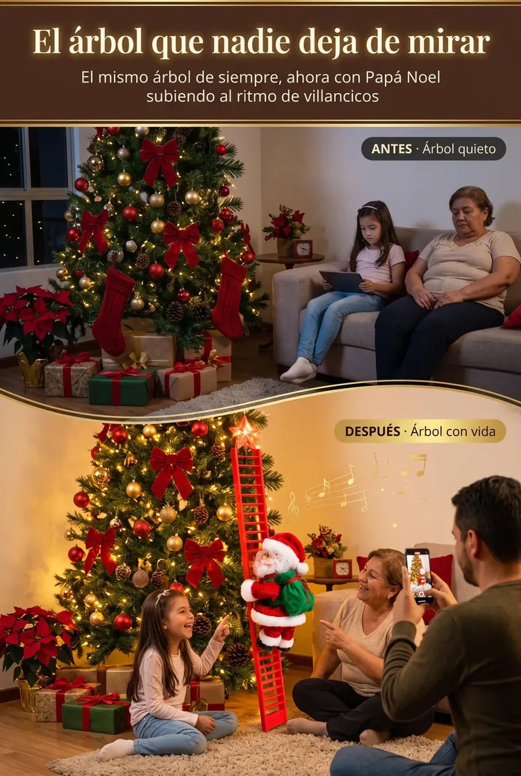 Antes: árbol quieto. Después: Papá Noel escalando el árbol y la familia feliz