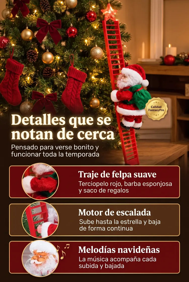 Detalles: traje de felpa suave, motor de escalada y melodías navideñas