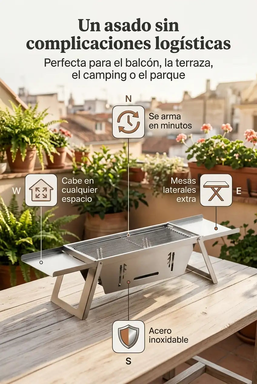 Se arma en minutos, con mesas laterales y acero inoxidable resistente
