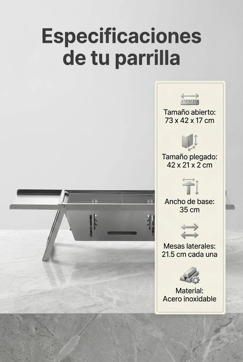 Ficha técnica: 73x42x17 cm abierta, 42x21x2 cm plegada, acero inoxidable